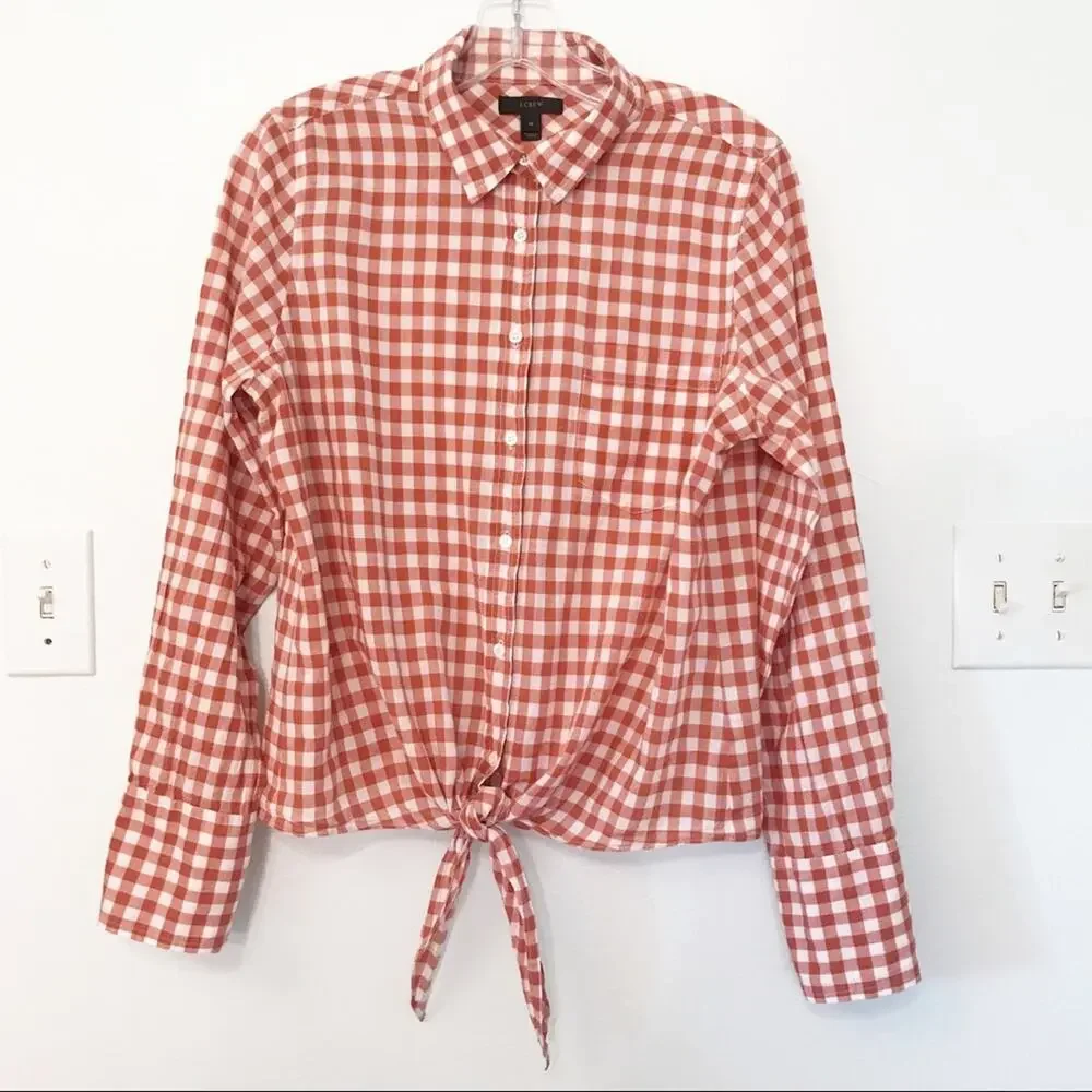 J.Crew Tie-Front Gingham Stretch Cotton Shirt Brick Rust Red Long Sleeve Size 10